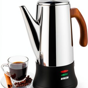 Electric Coffee Percolator APOXCON 8 Cup Stainless Steel Wood Handle-0