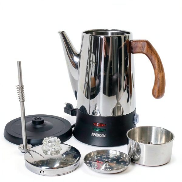 Electric Coffee Percolator APOXCON 8 Cup Stainless Steel Wood Handle-1